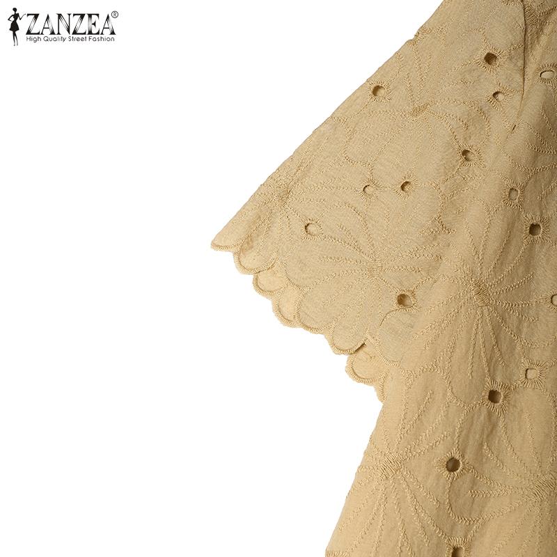 ZANZEA Rochie Casual de Damă cu Gât Rotund, Mânecă Scurtă, Patchwork, Brodată