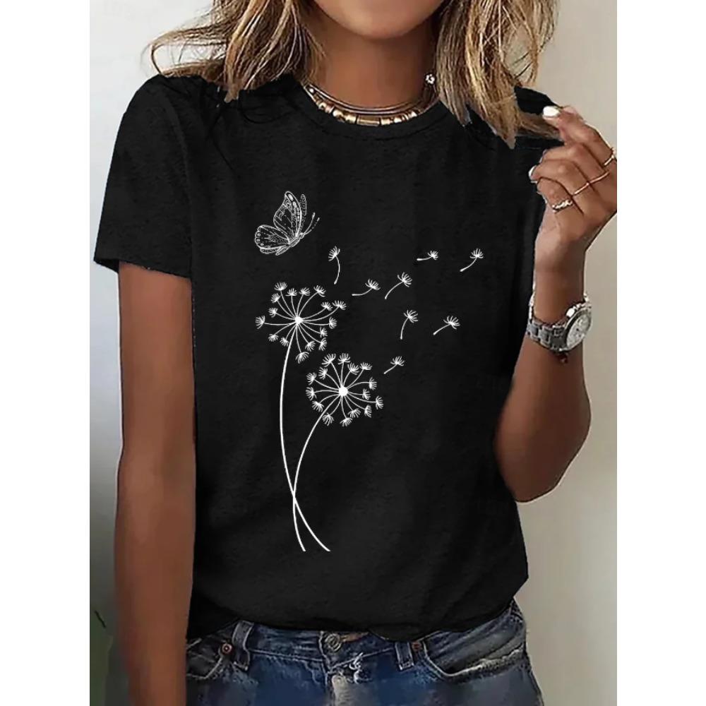 Fashion Women Retro Creative Butterfly Dandelion Print T Shirt Funny Casual O-neck Short Sleeves T-shirt Summer Female Tee Shirt