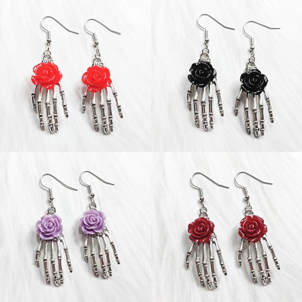 Handmade Gothic Skull Hand Red Rose Earrings: Vintage Halloween Jewelry