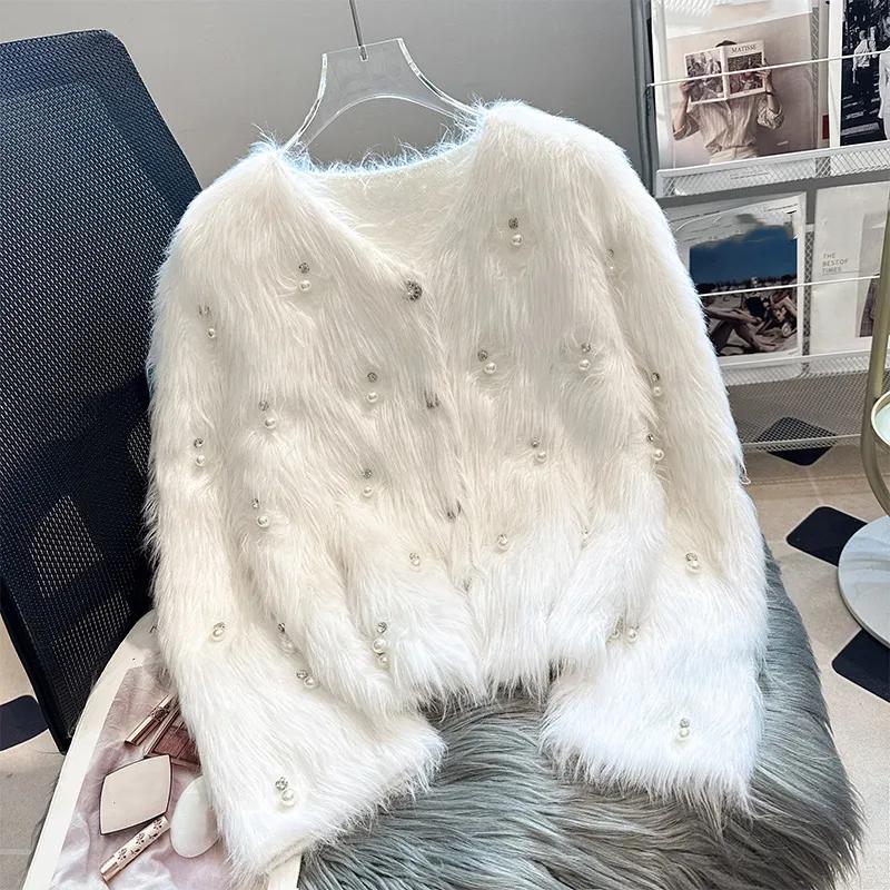 

Женский вязаный кардиган из искусственного норкового флиса с бисером, куртка, осеннее утолщенное пальто элегантного короткого кроя XXS