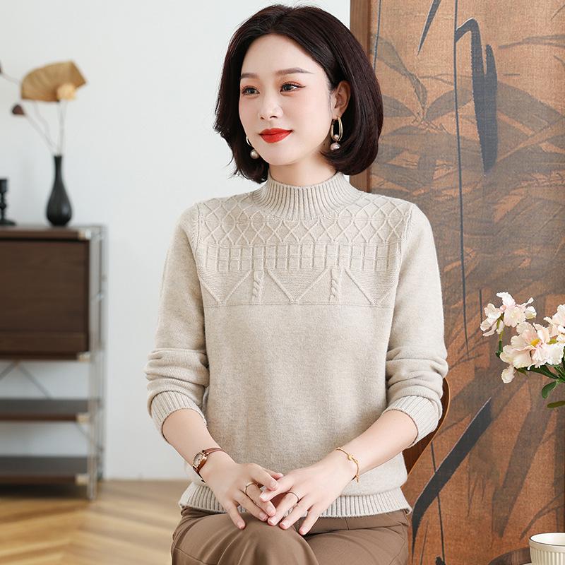 Stylish Winter Fleece Sweater for Middle-Aged & Elderly Women - Half High Neck, Plus Velvet, Warm Base Shirt