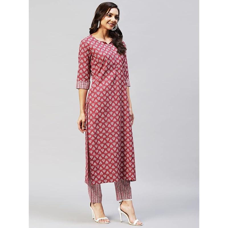 GoSriKi Women s Cotton Blend Straight Printed Kurta with Palazzo (Gapati Maroon_M-GO_Maroon_Medium) M малиновый
