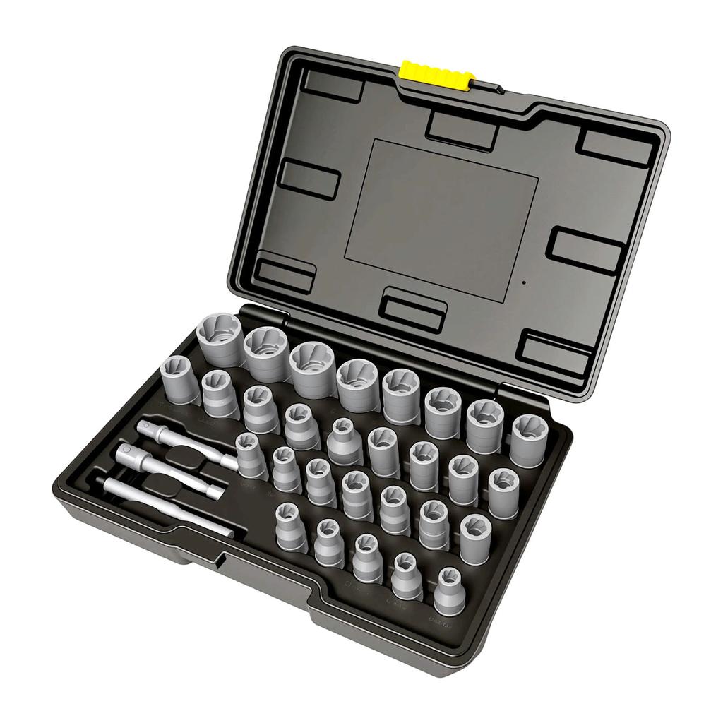 Steel Nut Extractors Set For Stuck Corroded Bolts 150Lb Torques Capacity Nonslip Grooves Design 29 Piece Kit