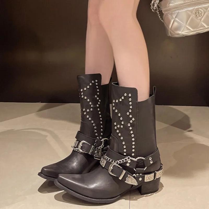 Women's Mid-heel Chain Chelsea Boots Winter Thick-soled Mid-calf Boots 2024 Designer New Trend Women's High-heeled Short Boots