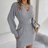 Autumn Winter Women's V-neck Sweater Dress Solid Color Hollow-out Lantern Sleeves Knitted Bodycon Dress