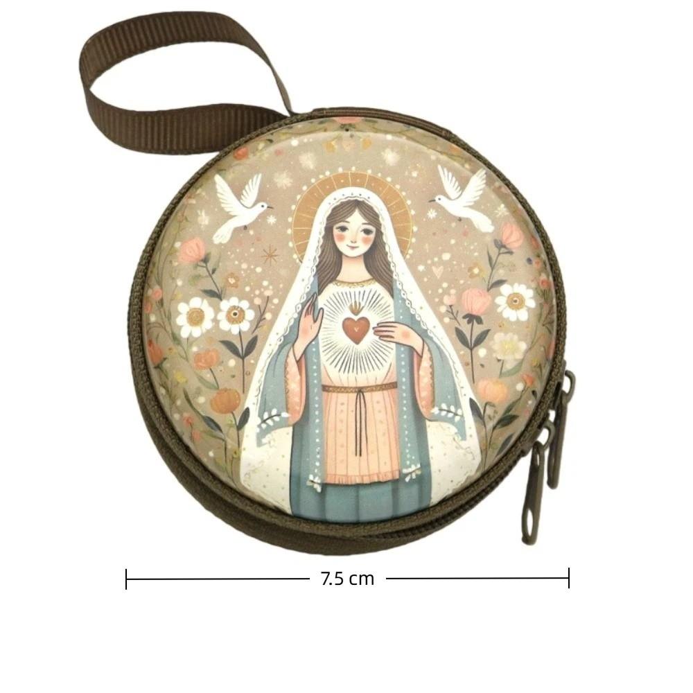 Virgin Mary Prayer Rosary Storage Bag Round Iron Artwork Religious Jewelry Box Cartoon Elegant Religious Articles Catholic Use
