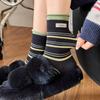2025 Autumn/Winter Striped Retro Women's Mid-Calf Socks with Letter Label – Breathable, Simple Knee-High Slouch Style.