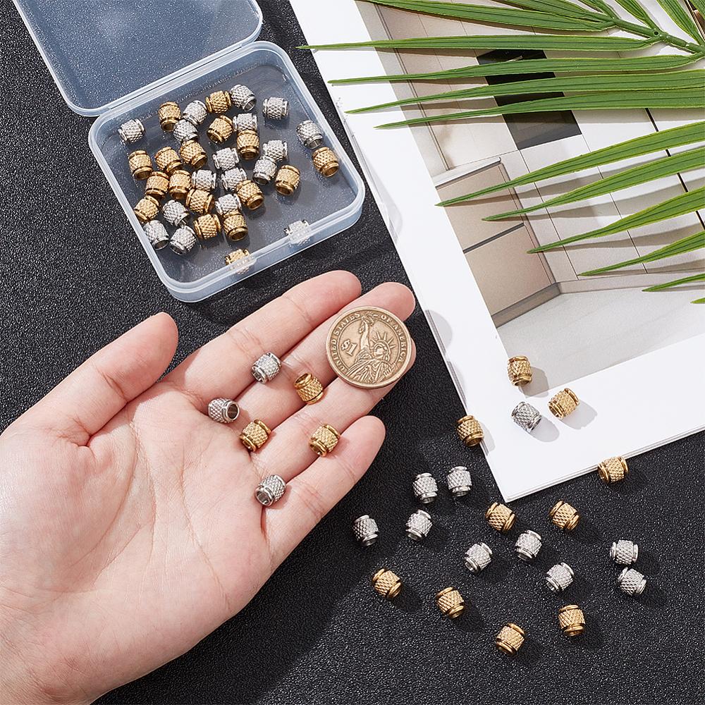 60Pcs 2 Style 303 Stainless Steel European Beads, Large Hole Beads, Column, Real Gold Plated & Stainless Steel Color, 7x8mm, Hole: 4.2mm, 30pcs/style