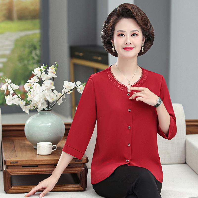 

Elegant Red Mulberry Silk Top for Middle-Aged and Elderly Women 3XL (120-135 lbs) червоний