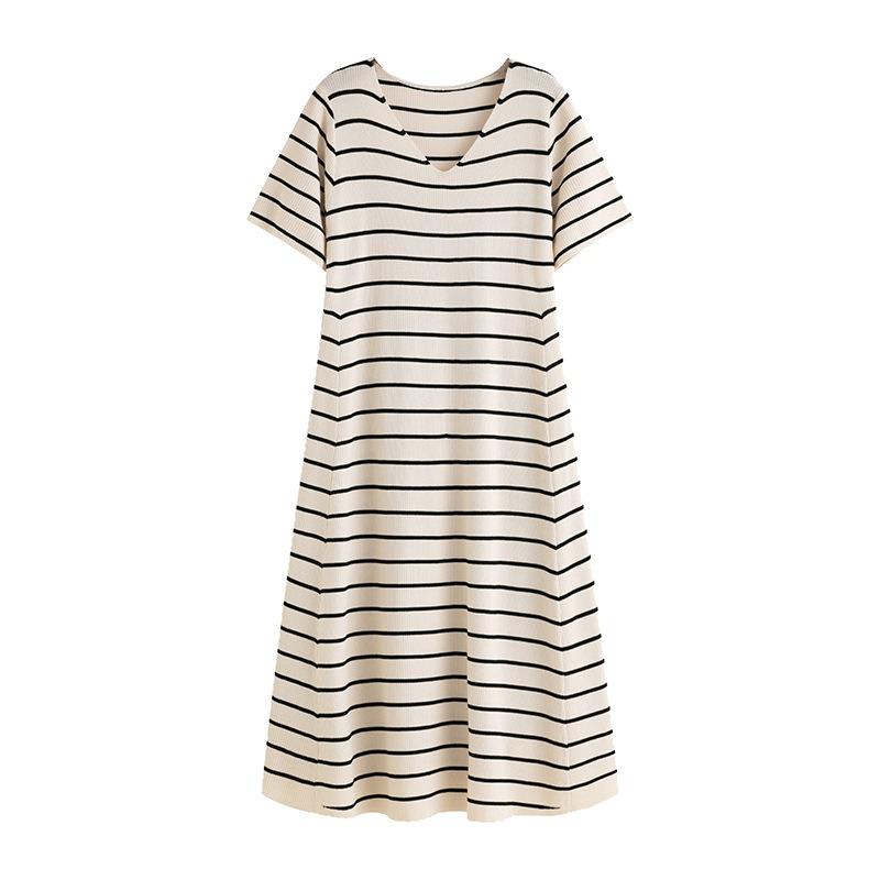 Damen Schlankmachendes Gestreiftes T-Shirt Kleid, Sommer Locker Gerades Strickkleid