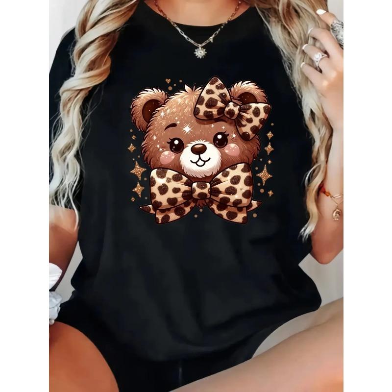 

European Size Women s Oversized T-Shirt - Cute Bear Print with Leopard Bow Tie & Star,Crew Neck Short Sleeve Blouse, Spring Summer Fall Casual Wear 4XL чорний