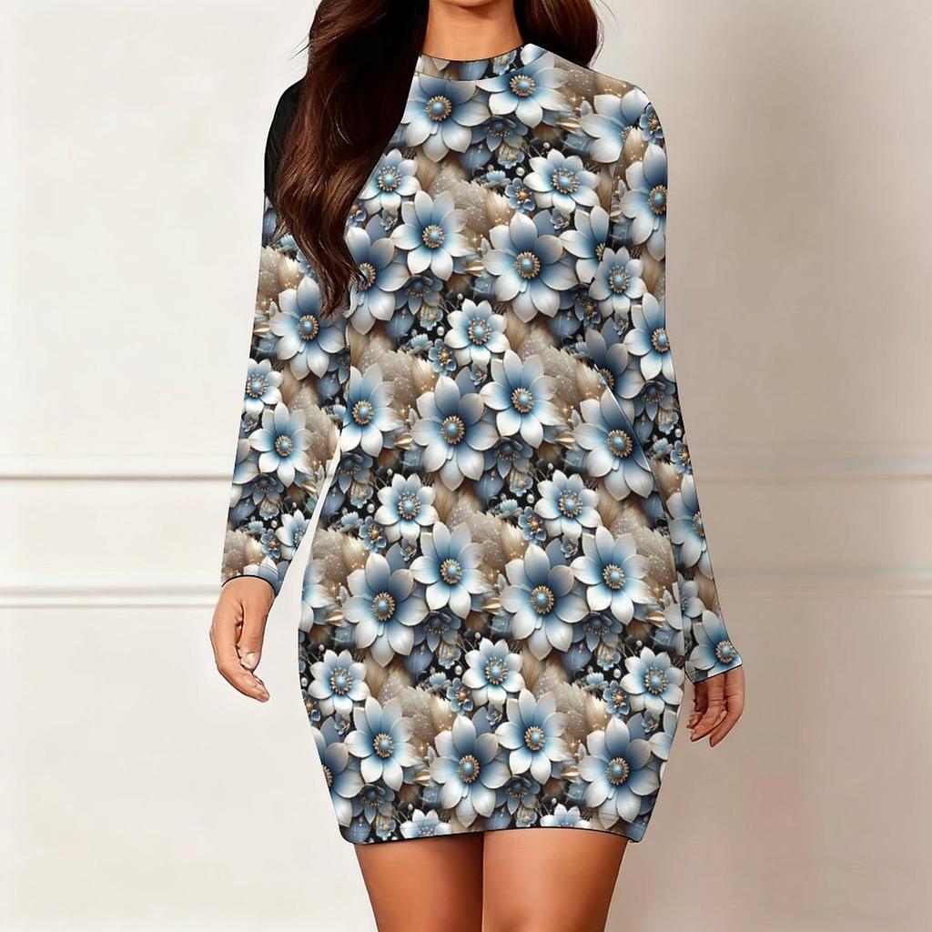 2025 Outono e Inverno Novo Estampa Floral 3D e Tingimento Moda Feminina Manga Longa Gola Redonda Vestido Envolvente de Quadril Dia dos Namorados Limitado