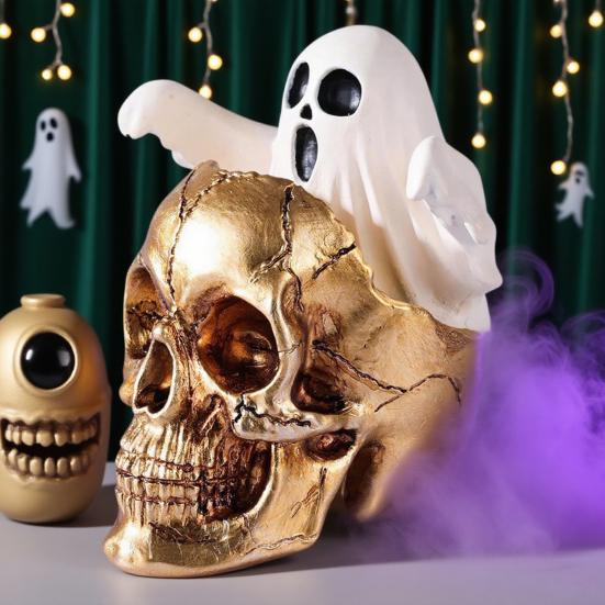 Mini Skull Head with Ghost Figurine Spooky Skeleton Head Ghost Halloween Decor for Gothic Porch Indoor Office Desk Tabletop Mantel Decoration
