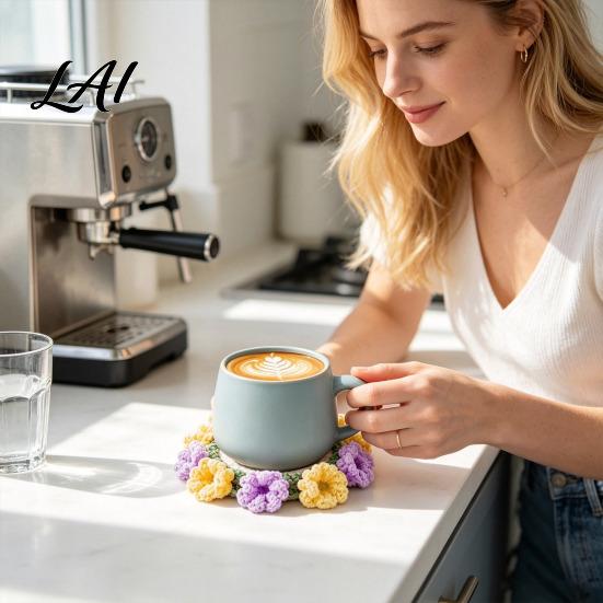 Botanical Room Decoration Crochet Flower Bouquet Coaster Handmade Knit Rose Mug Mat Transforms Into Bouquet 2-in-1 Decorative Plant Pot Display
