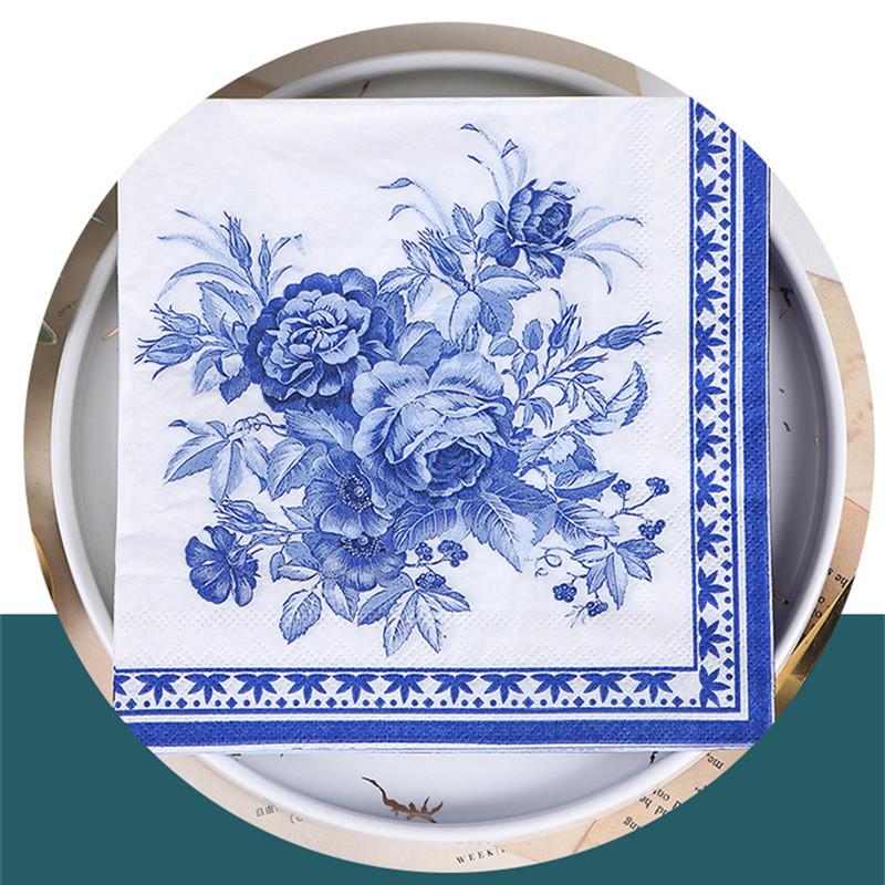 20 st/förpackning Blå Blommor Serie Papper Cocktail Fyrkantiga Middagsservetter För Bröllop Födelsedag Babyshower Dekoration