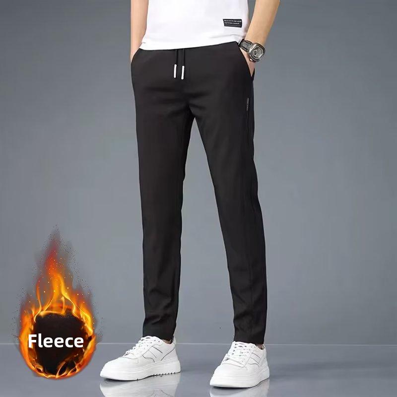Black Label Plus Men's Slim Fit Tall Straight Fleece Pants - Autumn/Winter Korean Casual Trousers