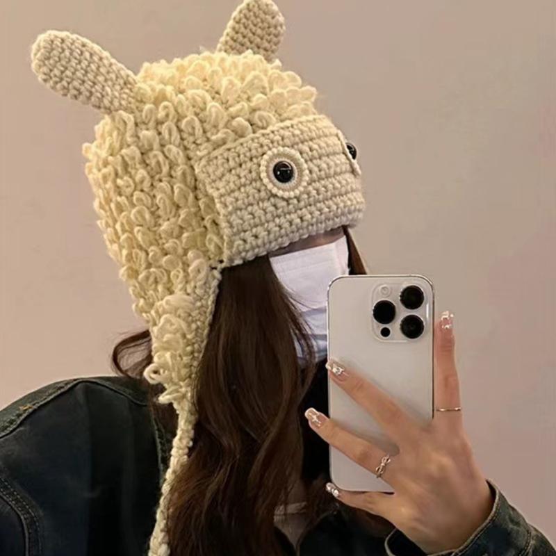 Winter Warm Knit Hat for Women Funny Monsters Hat Hooded Skull Hat Outdoor Activity Cap Windproof Headwear Pullover Hat
