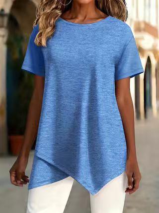 women's Solid Color Short Sleeve Irregular Hem Round Neck Loose Fit Casual Tunic Top Blouse