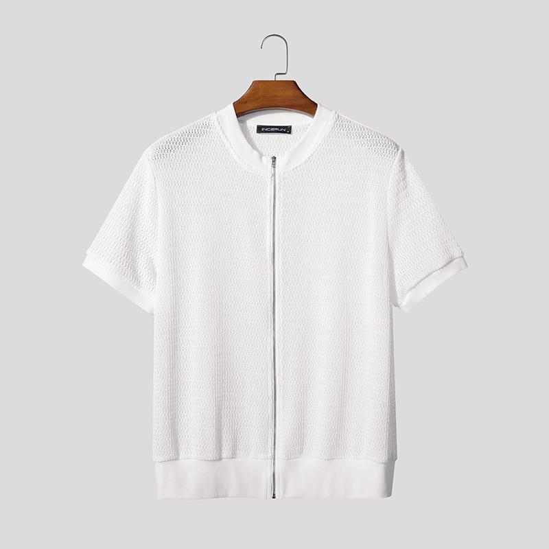 

INCERUN Men Zip-up Short Sleeve Hollow See Through Casual Shirts Tops 5XL