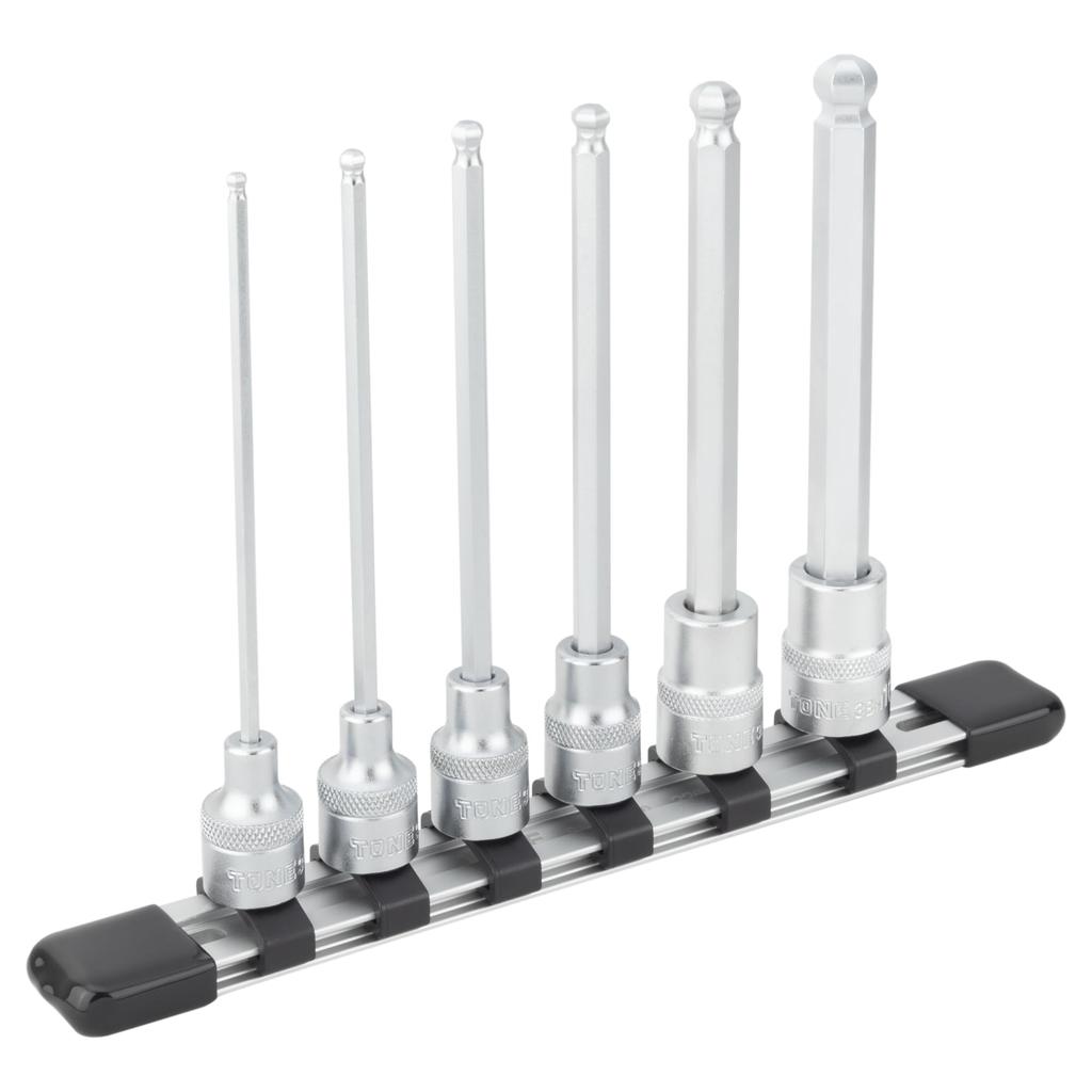 TONE Long Ball Point Hexagonal Socket Set Includes 6 Pieces (with Holder), HBH306L, 9.5mm (3/8") Drive,