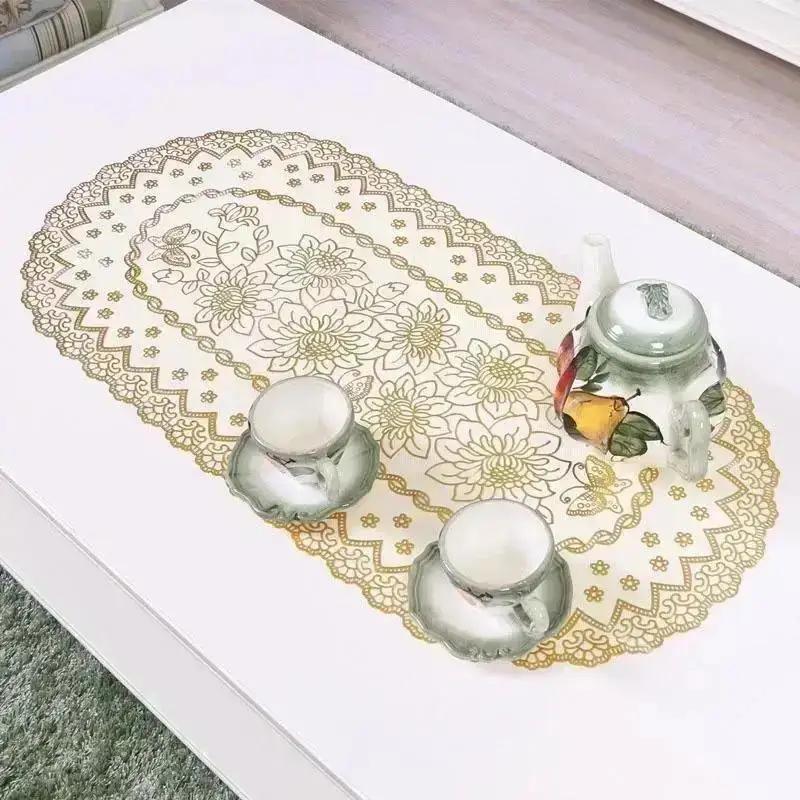 1Pcs Vintage Lace Embroidered Oval Tablecloth for Wedding Party Home Tea Table Mats Kitchen Decoration Waterproof PVC Desk Cloth