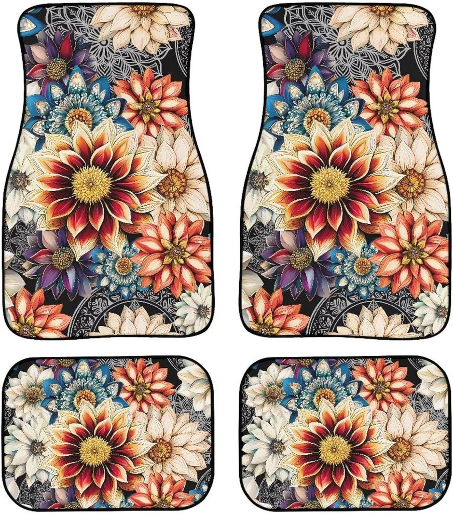 Universal Fit Auto Carpet Floor Mats Set of 4 for Women Girls Decorative Boho Floral Print Car Floor Mats Front & Rear Liners Set