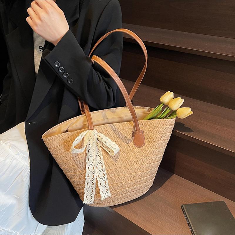 Women's Large Capacity New Vacation Beach Straw Shoulder Bag Woven Commuter Bucket Bag Basket Tote Bag