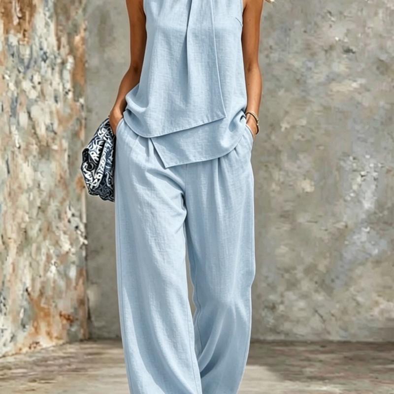 Women's Sleeveless Asymmetrical Top and Wide Leg Pants Two Piece Loose Casual Set