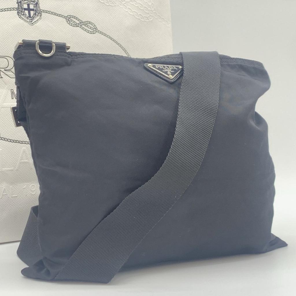 PRADA Tessuto Nylon Shoulder Bag Crossbody Pochette Sacoche Silver Hardware Triangle Logo Plate Black Men Women