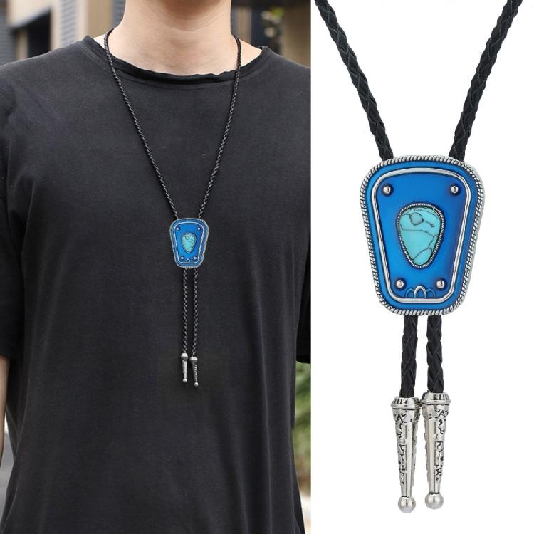 Tribal Faux Leather Rope Bolo Tie with Metal Enamel Stone Pendant Western Cowboy Necktie Jewelry Necklace Shirt Chain