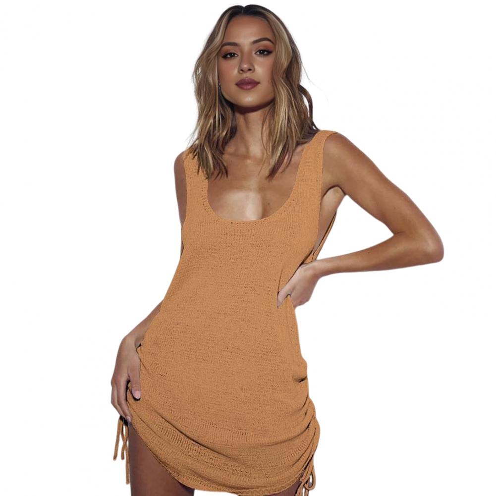 U-neck Beach Cover Up Stylish U-neck Beach Dress with Low-cut Back Hollow Design Knitted Fabric Swimwear Cover-up Solid Color