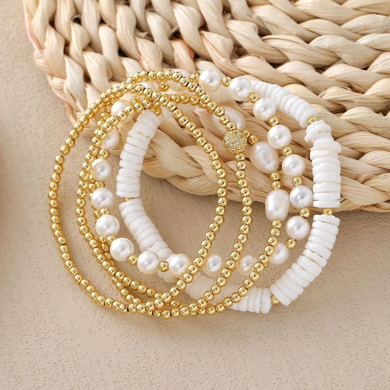 Meier 18k Copper Plated Beaded Elastic Bracelet Imitation Pearl Multi-layered Beaded Bracelet Easiest for Match