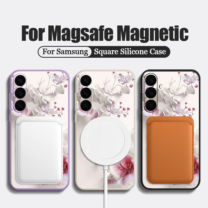 Pink White Flower Pattern Case For Samsung Galaxy S25 Ultra S24 S23 S22 Plus S21 S25 FE Magnetic For Magsafe Soft Silicone Cover
