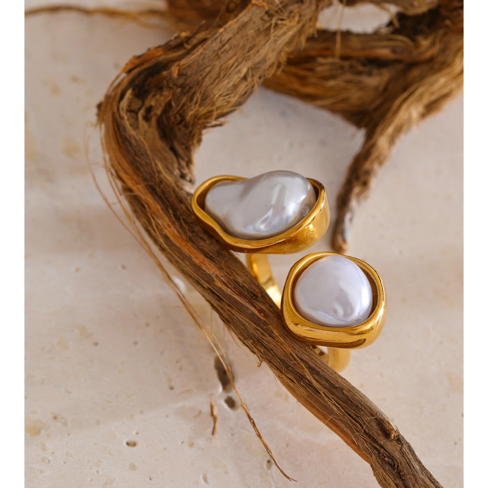 Yhpup Popular Baroque Imitation Pearls Golden PVD Open Ring Women Stainless Steel Rust Resistant Fashion Cast Finger Jewelry