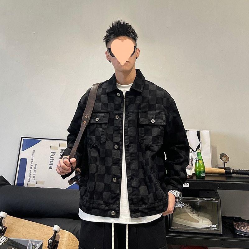 Spring and Autumn Checkerboard Denim Jacket Men's Retro Versatile Casual Jacket Loose Lapel Trendy Men's Handsome Top