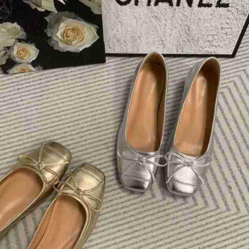 Spring Small 5CM Inner Height Increase Women's Shoes Square Head Bow Mary Jane Ballet Shoes Temperament Single Shoes