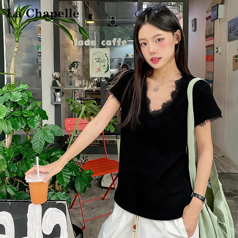 La Chapelle Women s Elegant Lace Trim V-Neck Short Sleeve T-Shirt M