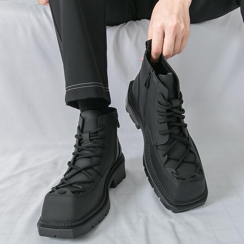 Fashion Autumn New Men Comfortable Lace Up Side Zipper High Top Leather Shoes Fashion Brand Round Toe Thick Soled Non Slip Outdoor Boots