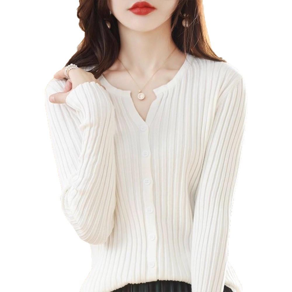 Women's Knitted Cardigan Round Neck Long Sleeved Sweater Solid Color Knitted Top for Autumn and Winter