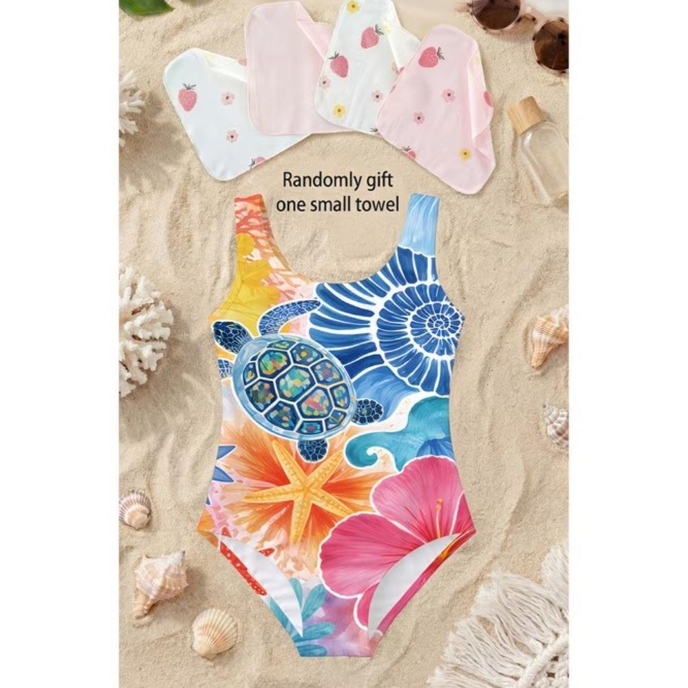 Girls One Piece Swimsuit Cute Cartoon Colorful Sea Turtle Print Sleeveless Swimwear Kids Summer Beach Bathing Suit