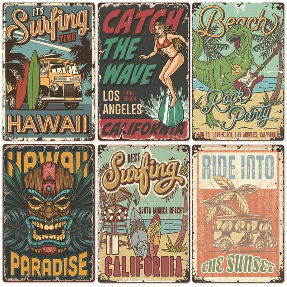Vintage Tin Art: Summer Beach Scene - Ideal for American Bar Backdrops and Home Decor Wall Murals