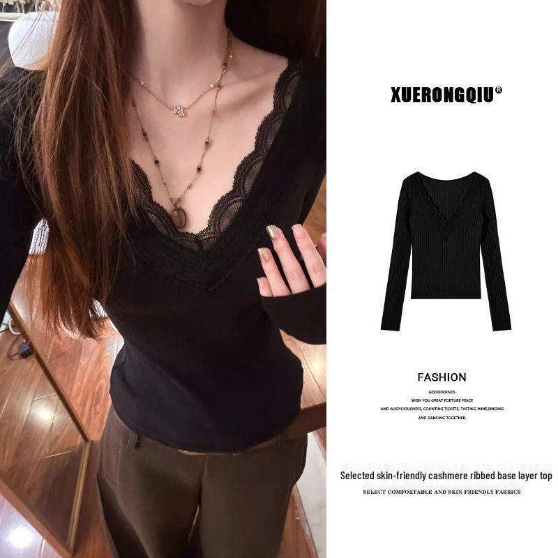 Women s French Lace Patchwork V-Neck Slim Fit Long Sleeve T-Shirt - Autumn/Winter S