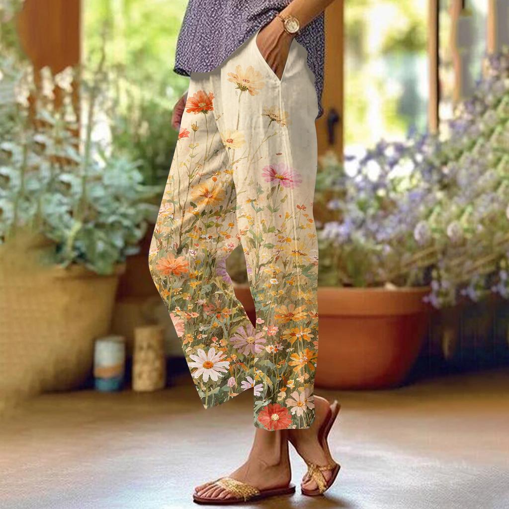 Damen Casual Mode Bedruckte Hose mit geradem Bein Hose mit Taschen