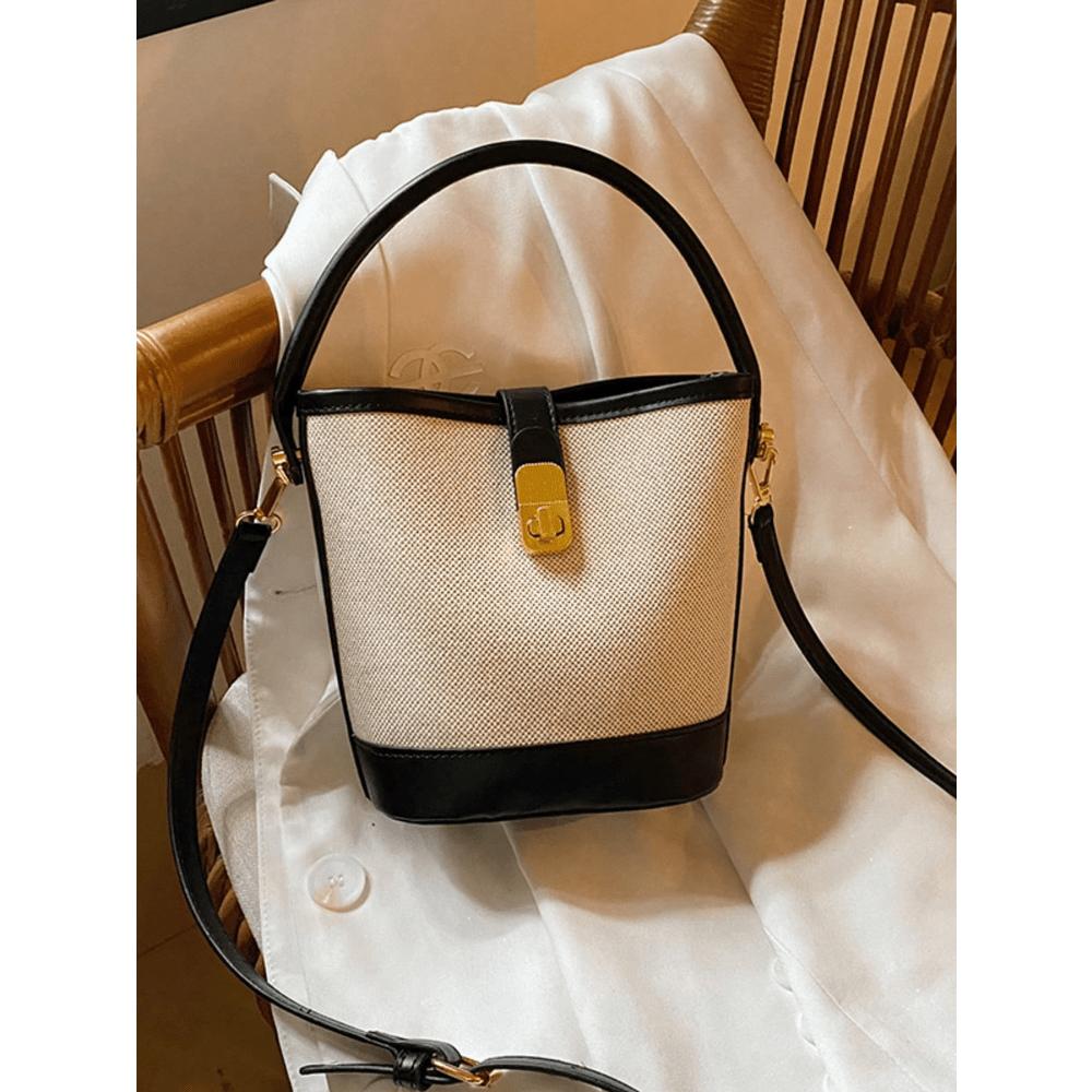 

1 шт. Модная контрастная сумка-ведро из ПУ и парусины с пряжкой, ручная сумка, сумка через плечо с длинным ремешком для повседневного использования женщинами one-size разноцветный