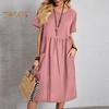 Women's Cotton Linen Summer Dress Round Neck Short Sleeve Midi Dress Loose Casual Beach Vacation Flowy Dress with Pockets