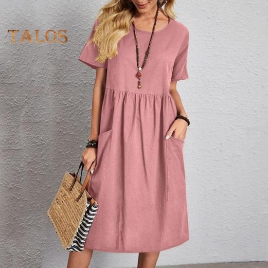 Women's Cotton Linen Summer Dress Round Neck Short Sleeve Midi Dress Loose Casual Beach Vacation Flowy Dress with Pockets