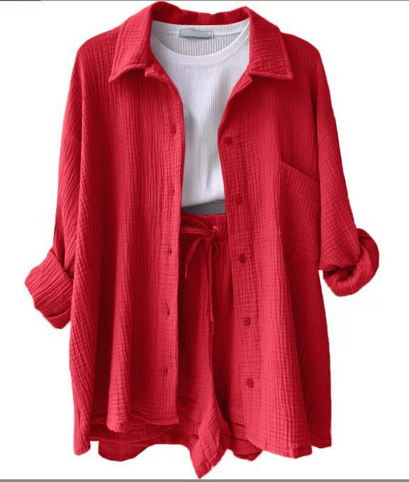 2024 Autumn Women's Two-Piece Set: Wrinkled Long Sleeve Shirt & High Waist Drawstring Shorts