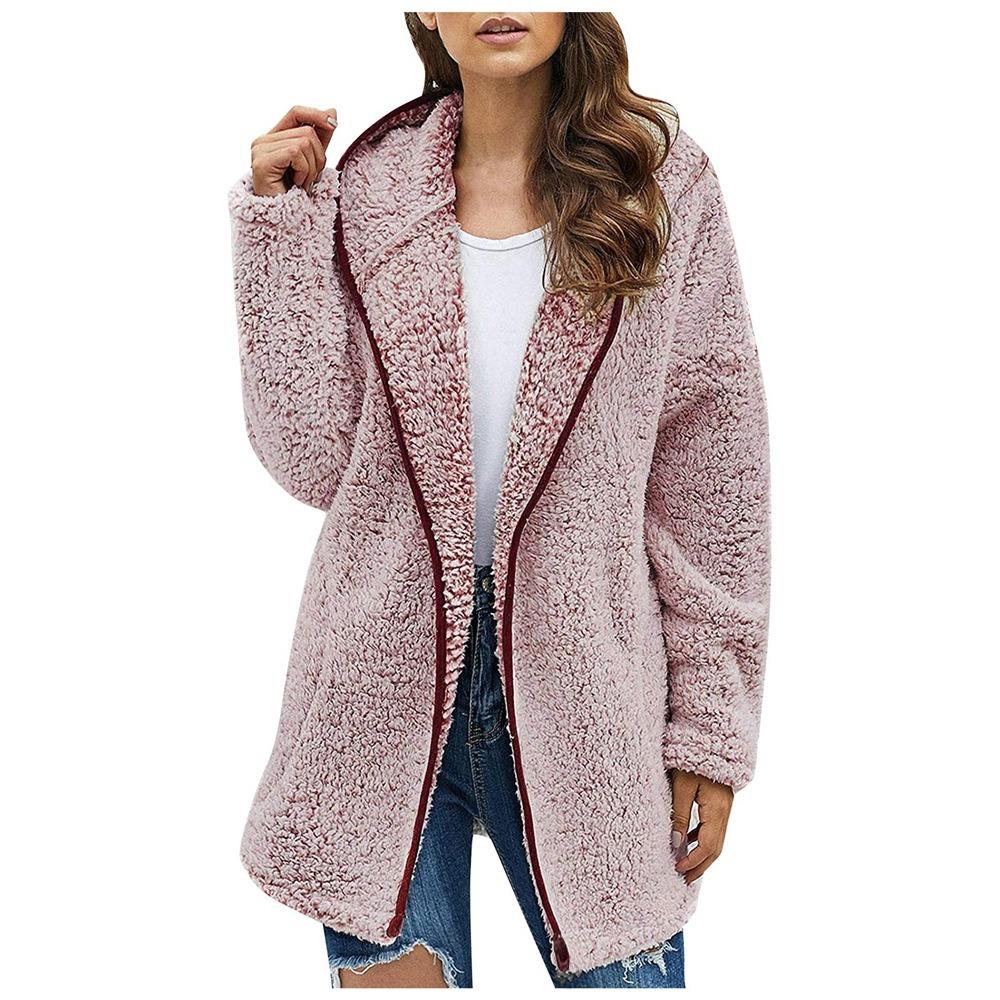 Autumn and Winter Casual Solid Colour Lapel Hooded Long-sleeved Women Plush Sweater Fleece Jacket