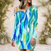 Women Plus Size One Shoulder Long Sleeve Printed Blue Pink White Bodycon Mini Dress