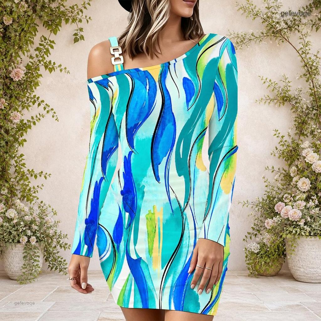 Women Plus Size One Shoulder Long Sleeve Printed Blue Pink White Bodycon Mini Dress